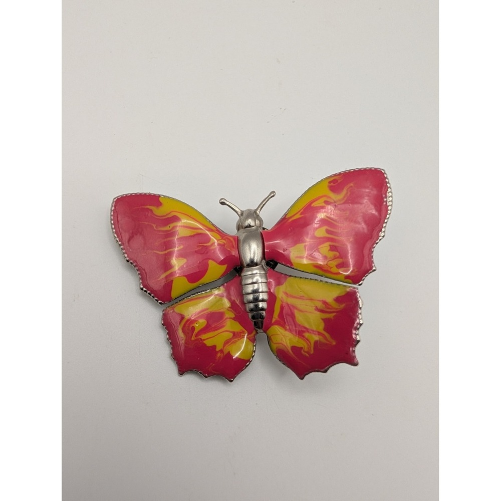 Vintage Silver Tone‎ Filigree Butterfly Lapel Pin Tie Tack Red Enamel Wings